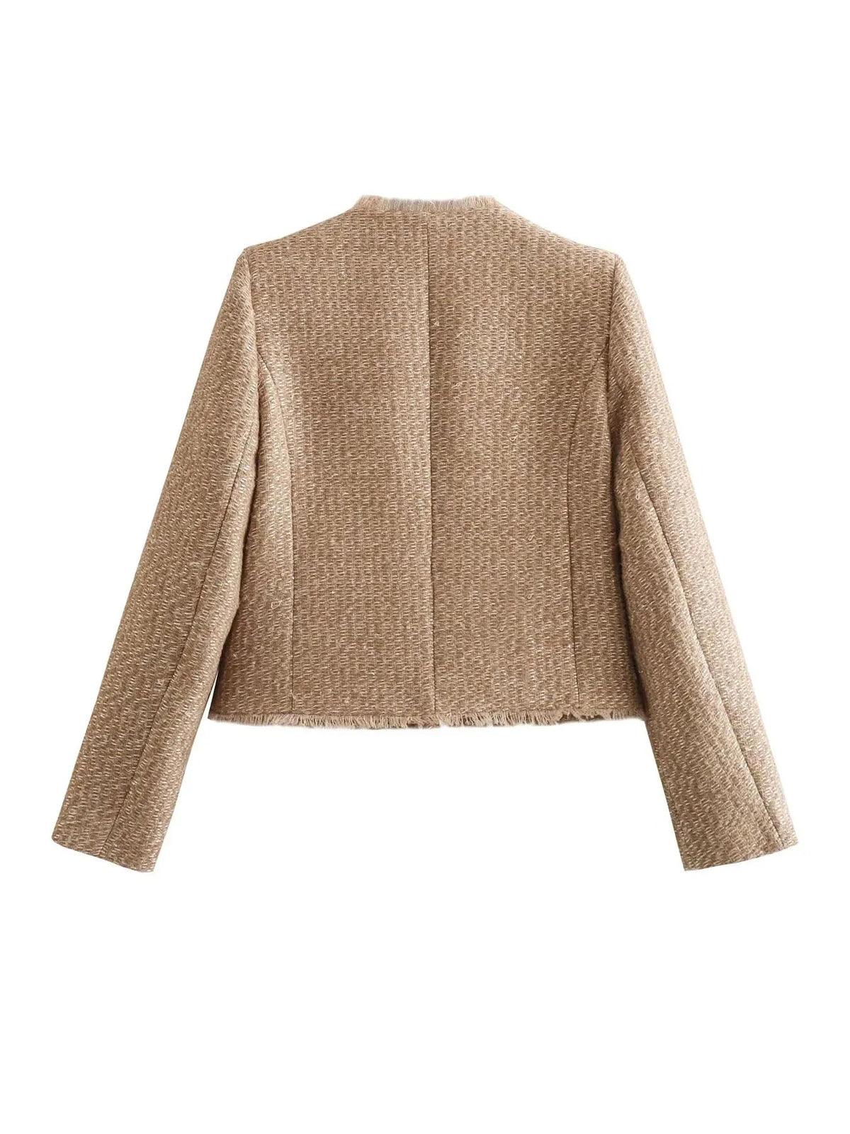 Back view of the beige tweed jacket laid flat