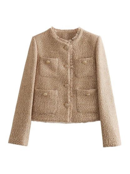 Beige tweed button front jacket laid flat, showing four patch pockets