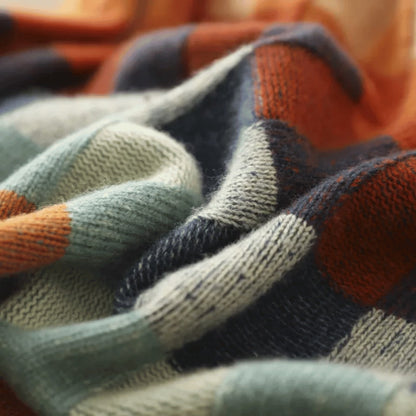 Close up of the checkerboard knit texture in orange, teal and navy