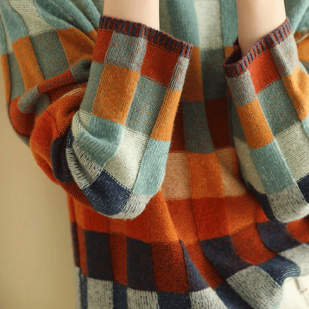 Close up of the checkerboard knit sleeve and cuff