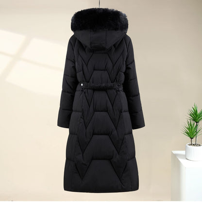 Black chevron quilted long parka with hood up, back view