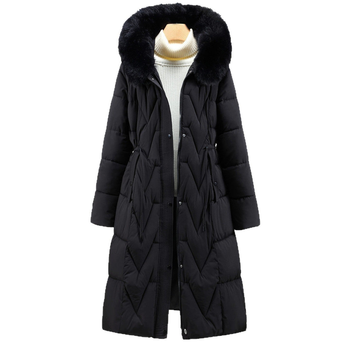 Black long parka with faux fur hood on a plain white background