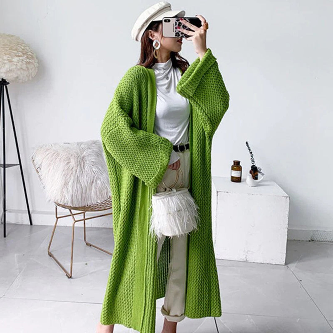 Lime green chunky knit maxi cardigan worn