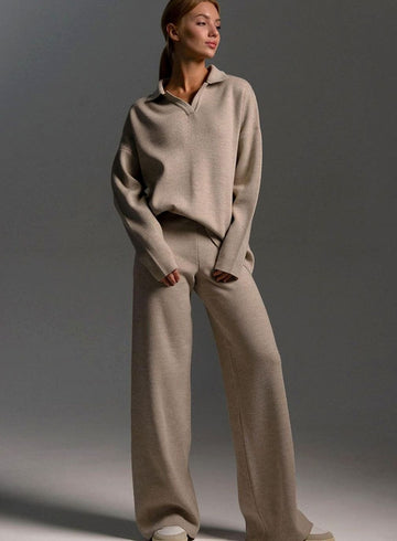 Collared Wide Leg Two Piece Lounge Set