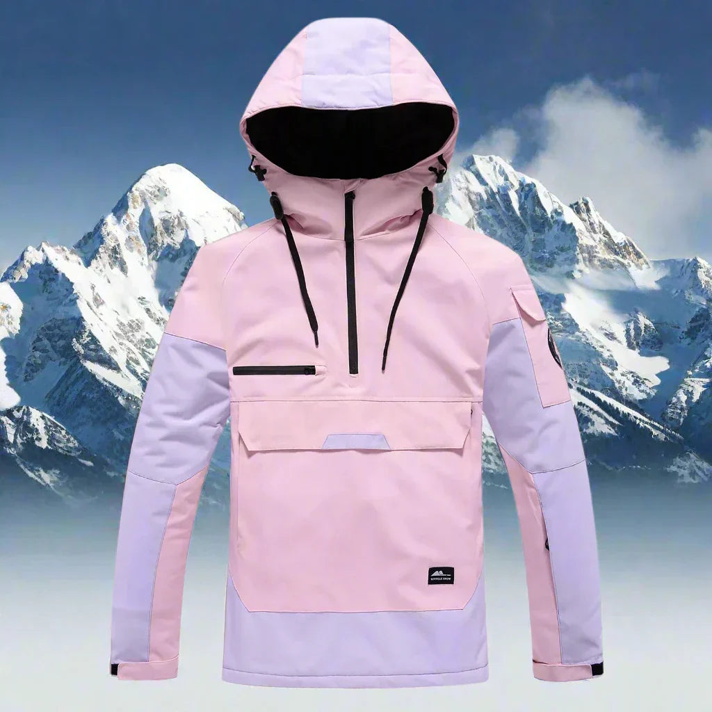 Pink and lilac colorblock ski anorak, front view