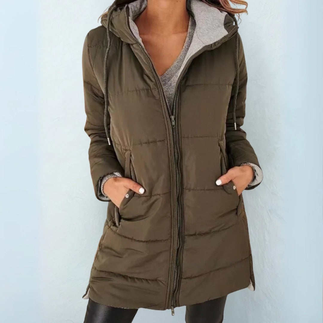 Army green quilted hooded coat with full zip, front view