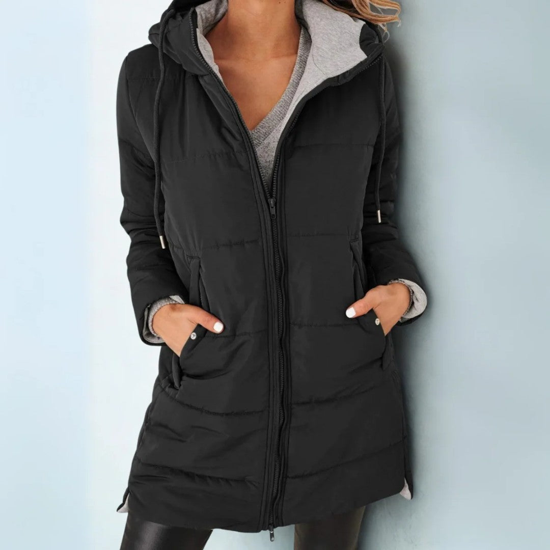 Black quilted hooded coat with full zip and front pockets, front view