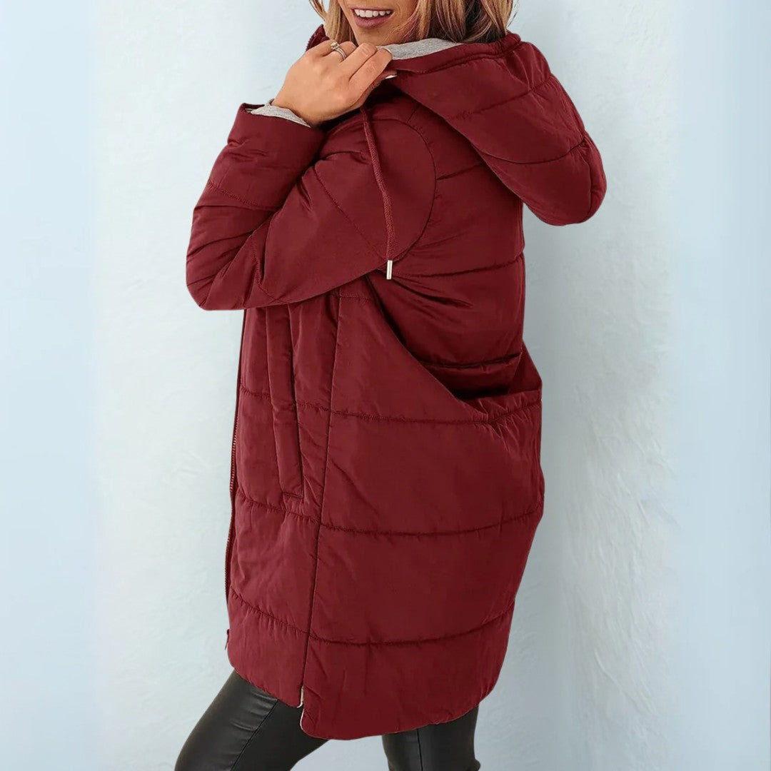Burgundy quilted hooded coat with drawstring hood, front view