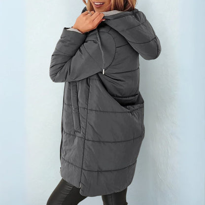 Dark gray quilted hooded coat, side view showing the pocket and hem
