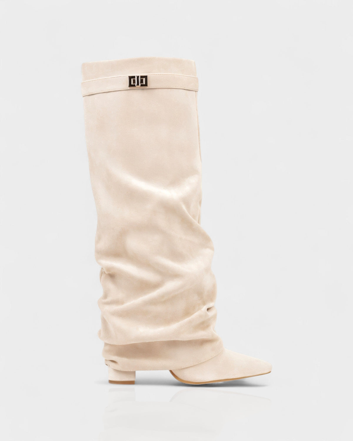 Single cream suede foldover knee boot seen from the side