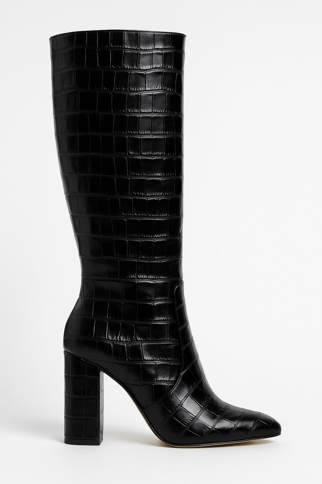 Black croc-embossed knee-high boot with a square block heel, side view
