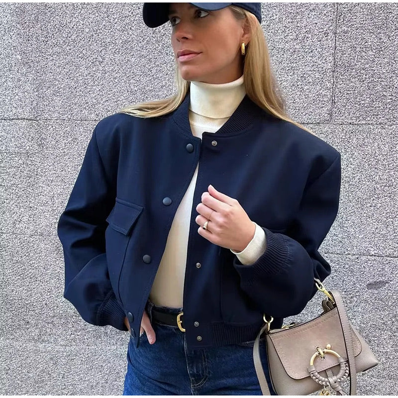 Navy cropped baseball collar jacket worn, front