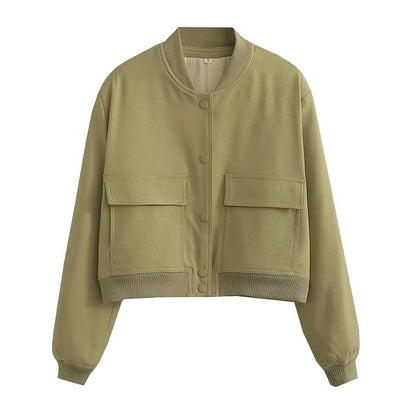 Olive cropped baseball collar jacket, product