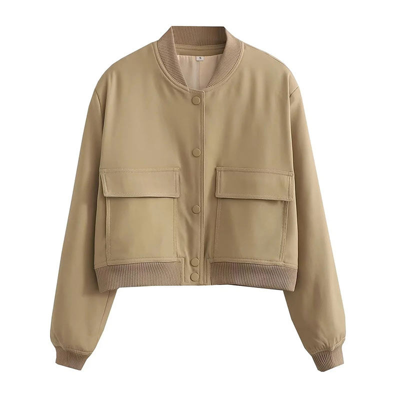 Beige cropped baseball collar jacket, product