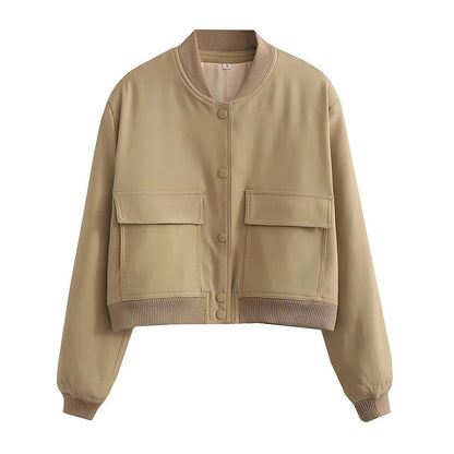 Beige cropped baseball collar jacket, product