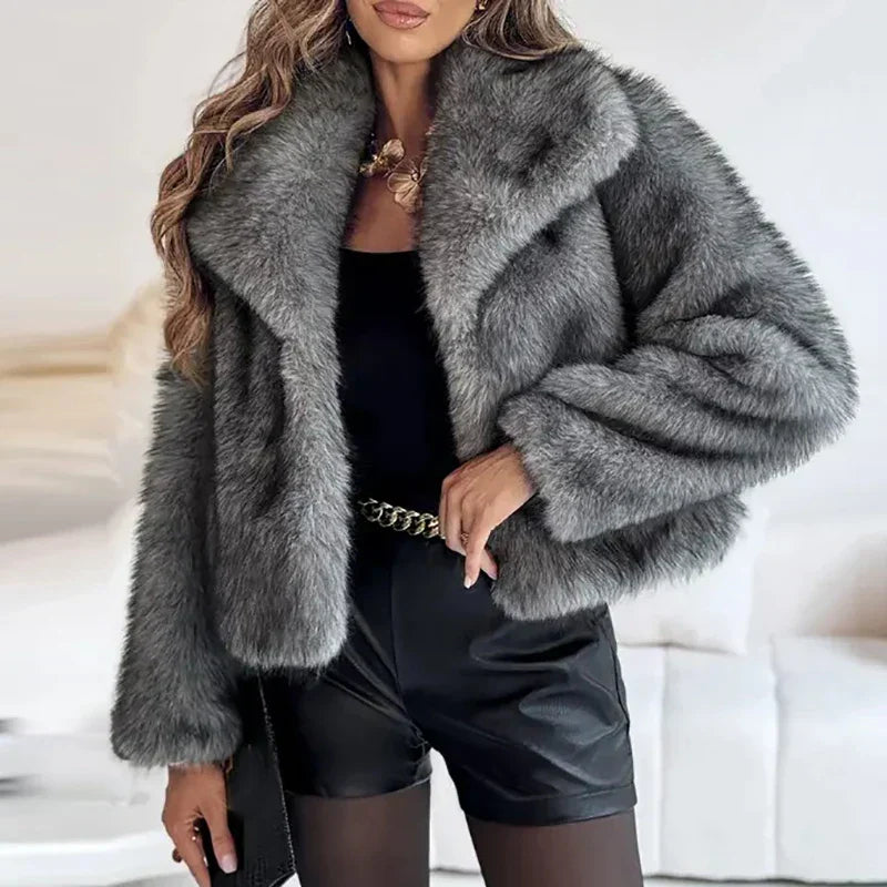 Charcoal grey faux fur jacket worn, front view