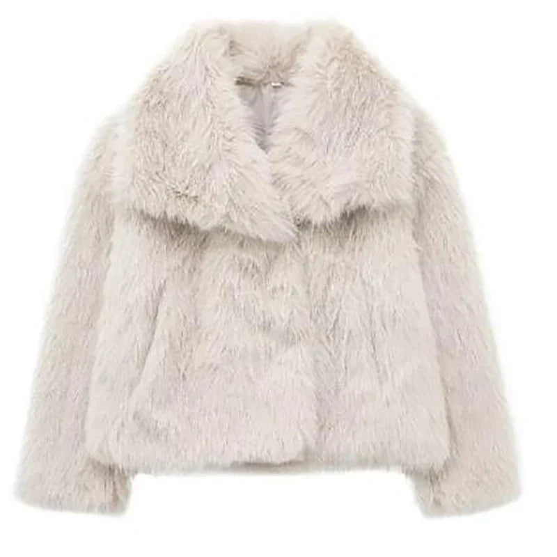 Cream faux fur jacket with wide collar, product