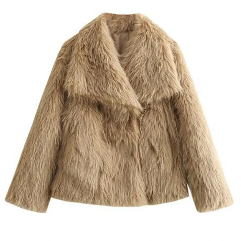 Camel faux fur jacket with wide collar, product