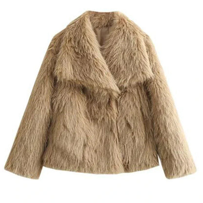 Camel faux fur jacket with wide collar, product