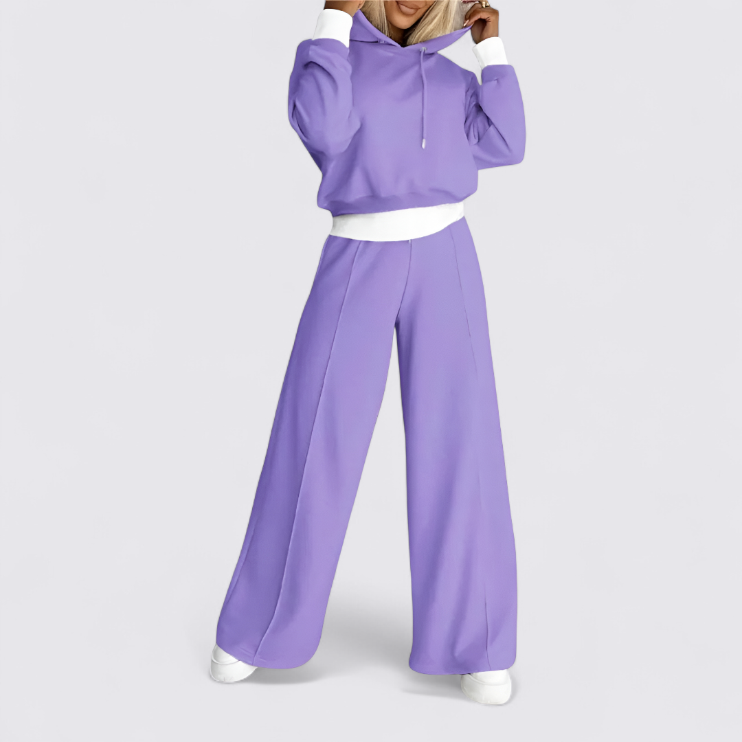 Lilac cropped hoodie with matching wide leg pants and white trim