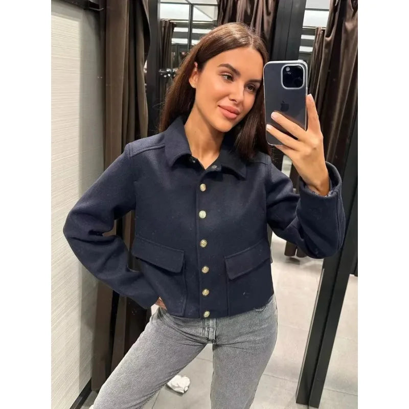 Navy cropped shirt collar jacket, mirror selfie