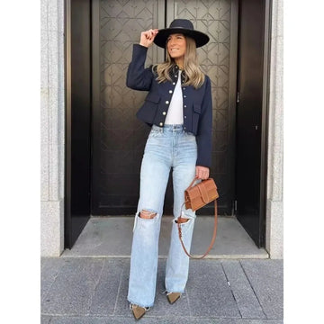Cropped Shirt Collar Jacket