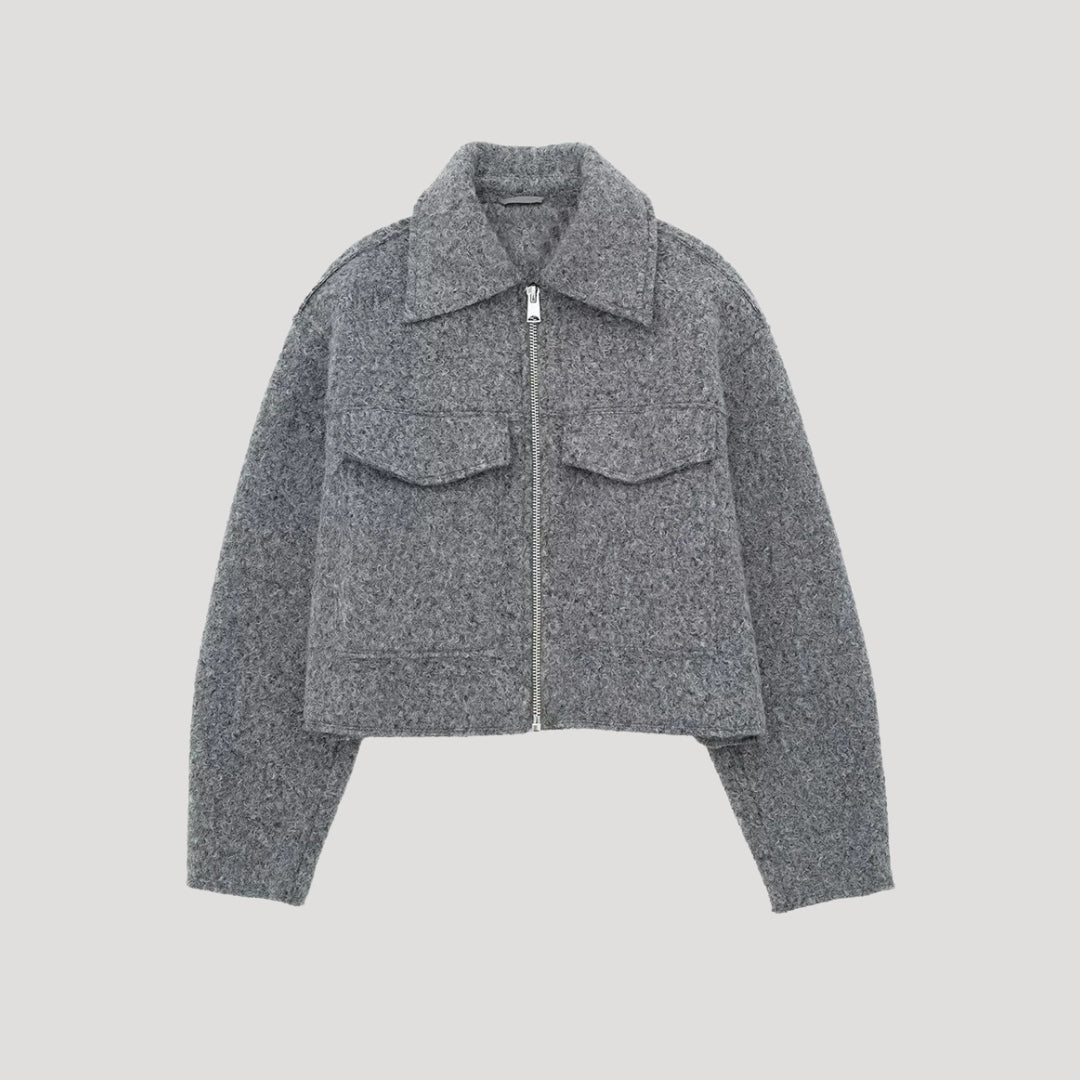 Grey cropped zip front jacket, product front view