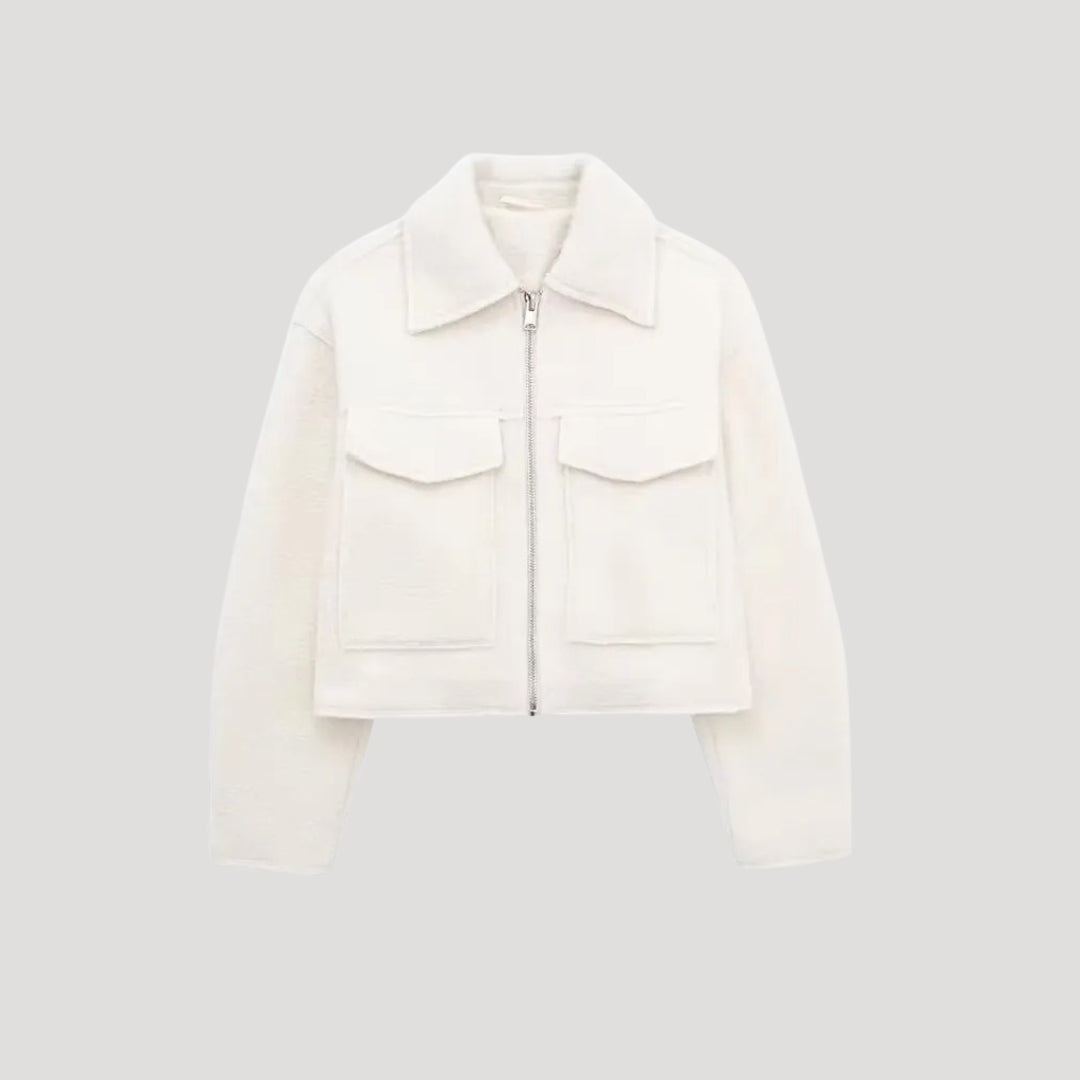 Ivory cropped zip front jacket, product view