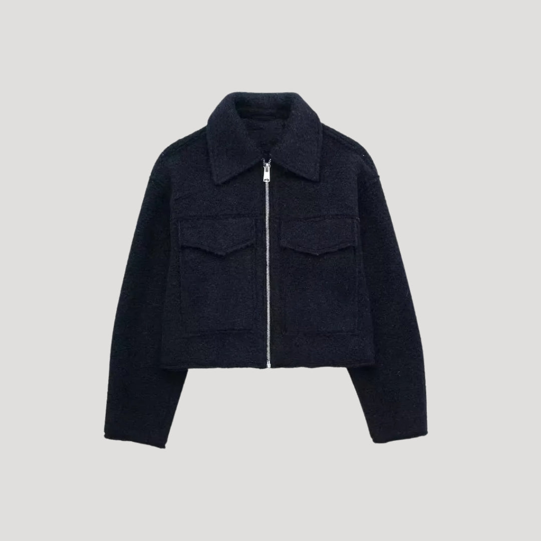 Navy cropped zip front jacket, product view