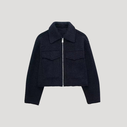 Navy cropped zip front jacket, product view