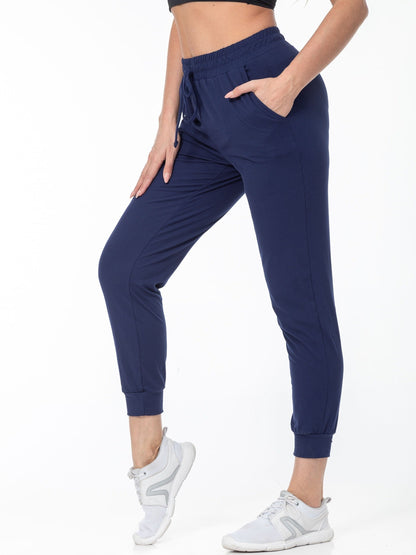 Navy cuffed drawstring joggers with side pockets