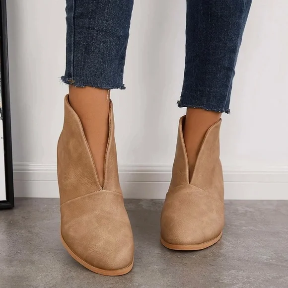 Camel faux suede deep V ankle boots worn with jeans