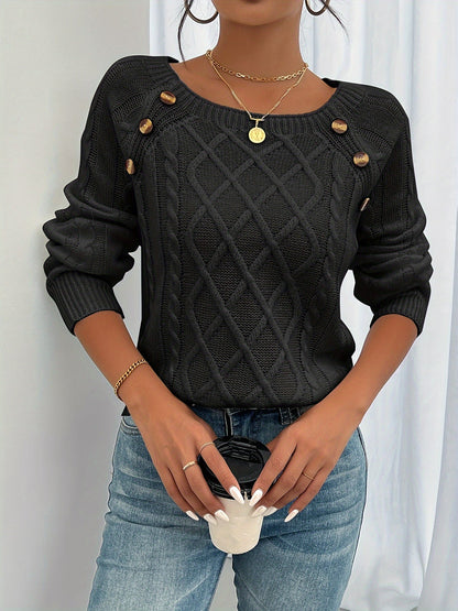 Black diamond cable knit sweater with shoulder buttons