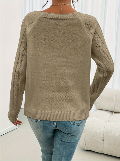 Back view of the khaki diamond cable knit sweater