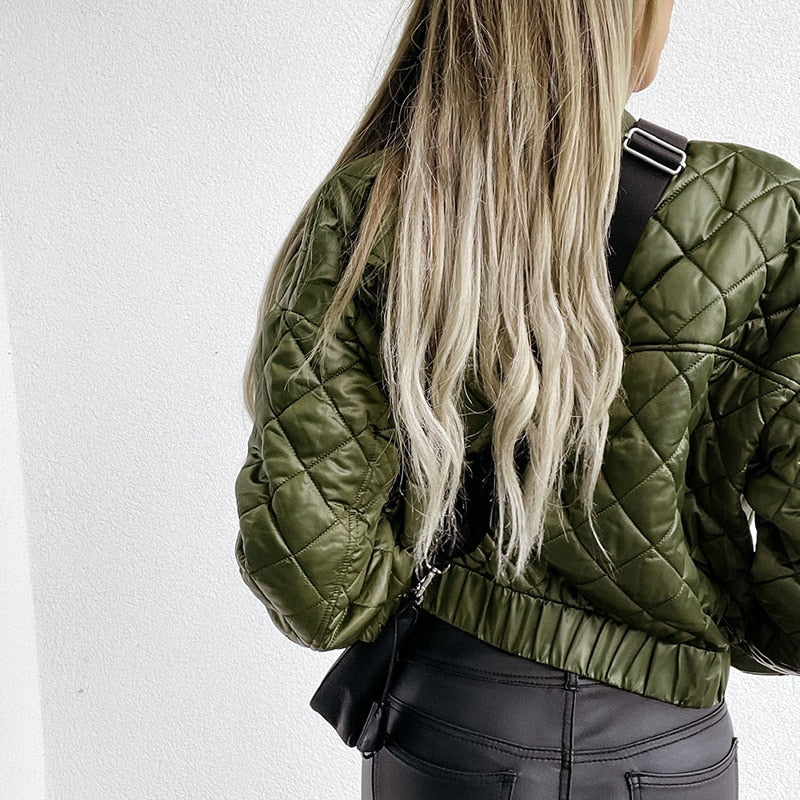 Olive quilted cropped bomber worn, back view