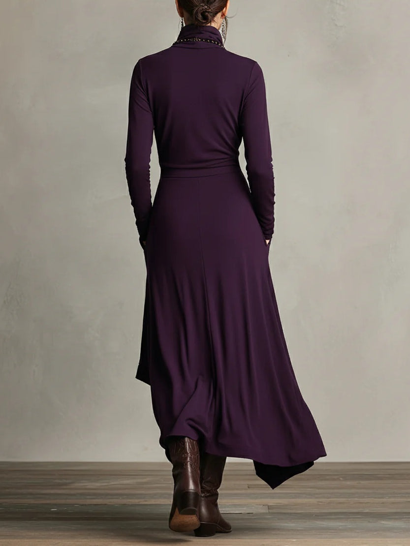 Back view of the plum draped neck maxi dress