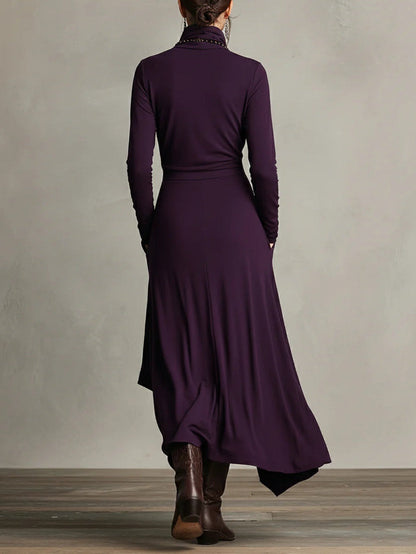 Back view of the plum draped neck maxi dress