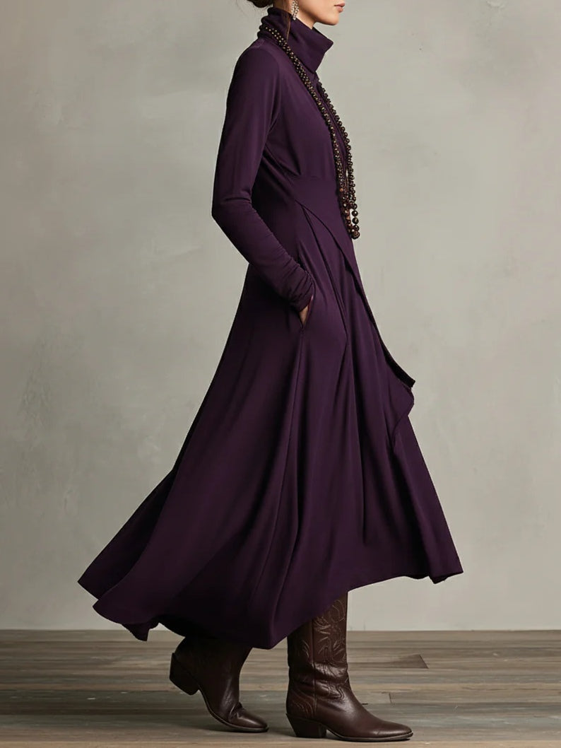 Plum draped maxi dress with a flowing hem, walking view