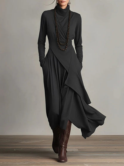 Draped Neck Maxi Dress in Black | Valenira