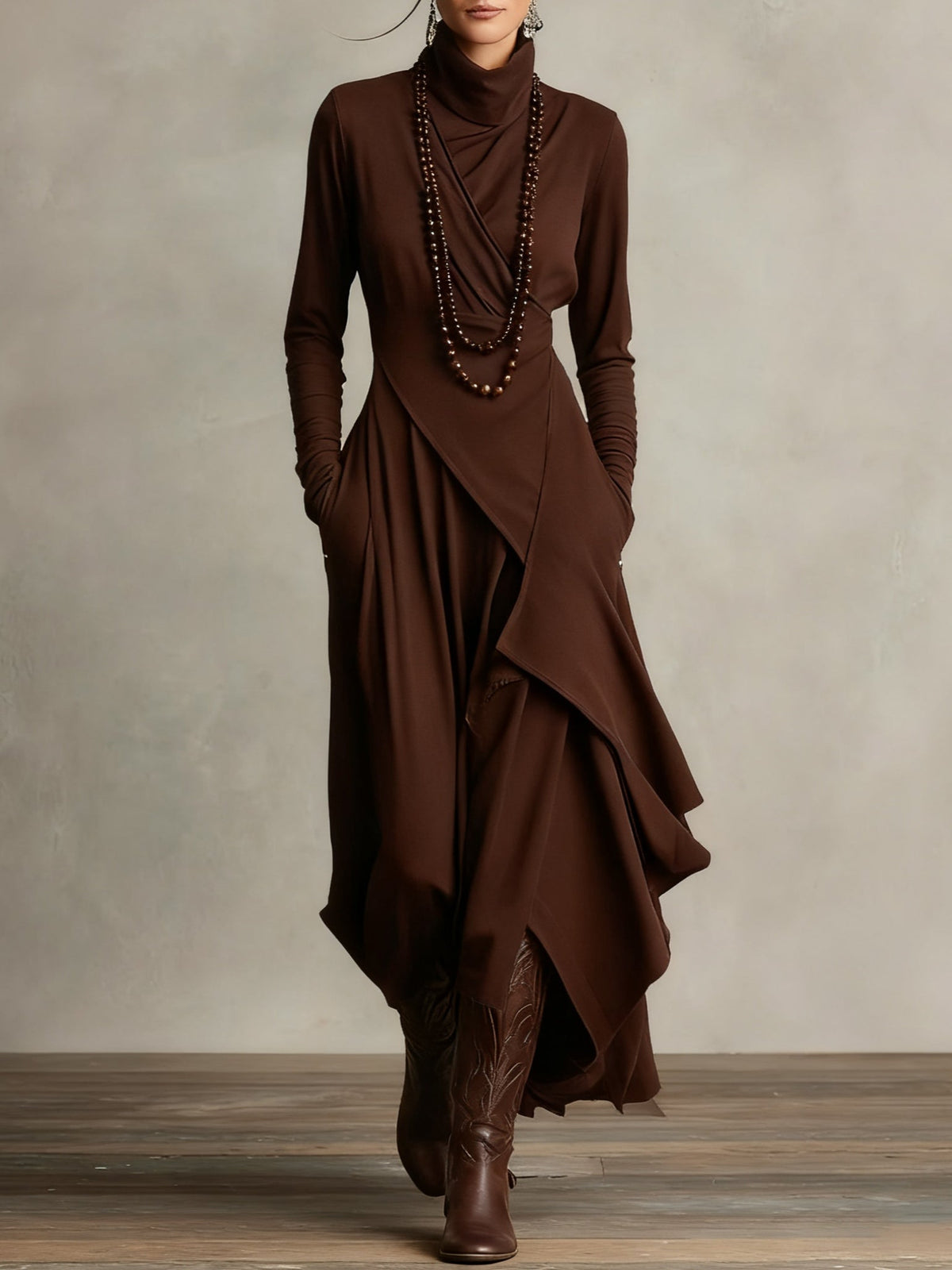 Draped Neck Maxi Dress in Brown | Valenira