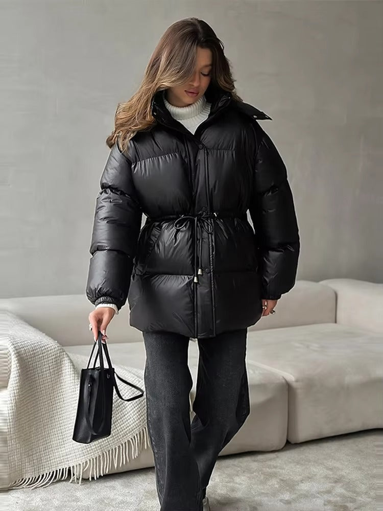 Black drawcord waist hooded puffer worn, front