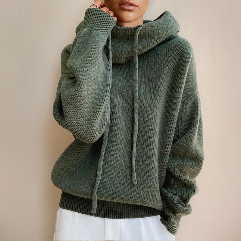 Sage oversized knit sweater with drawstring shawl collar, front view