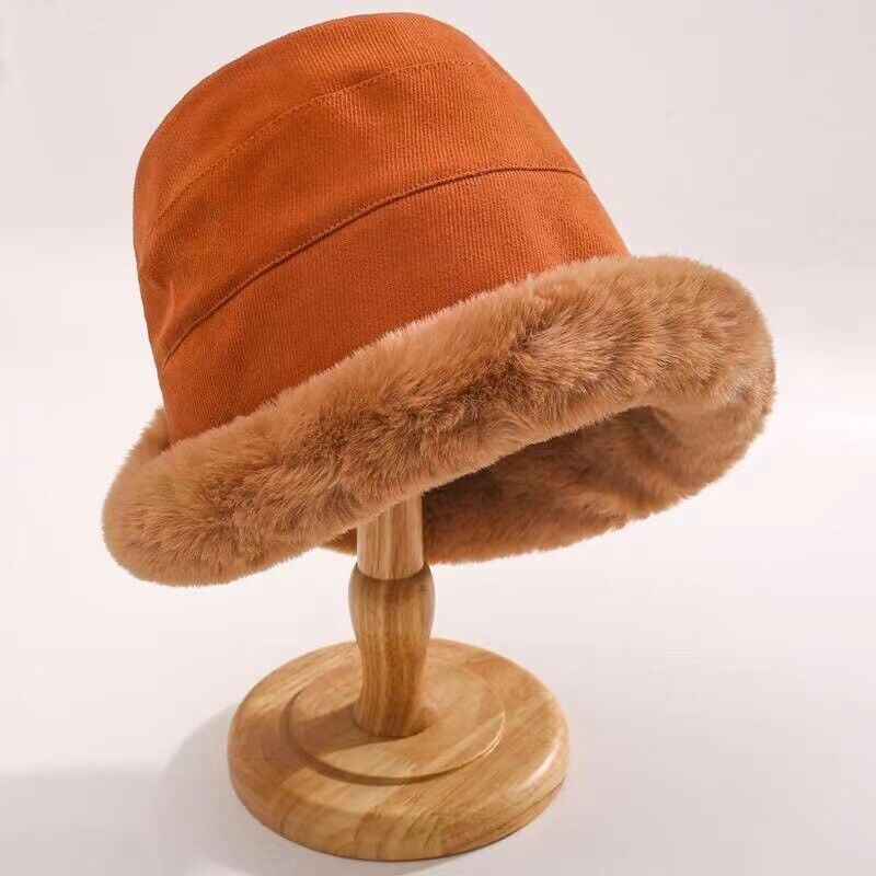 Rust orange fur brim bucket hat, side view