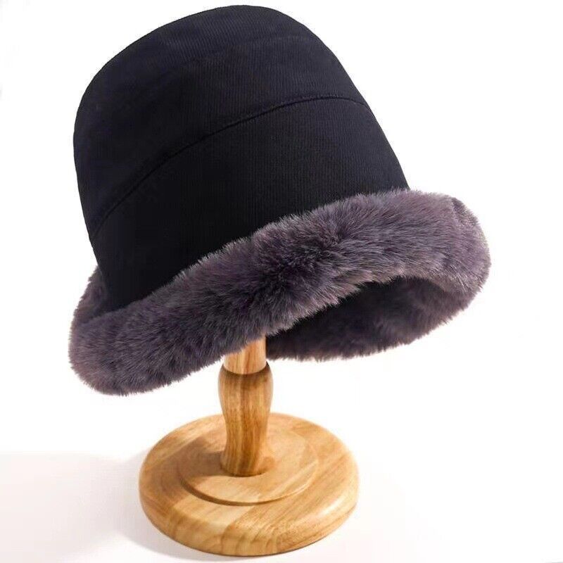 Black fur brim bucket hat, side view