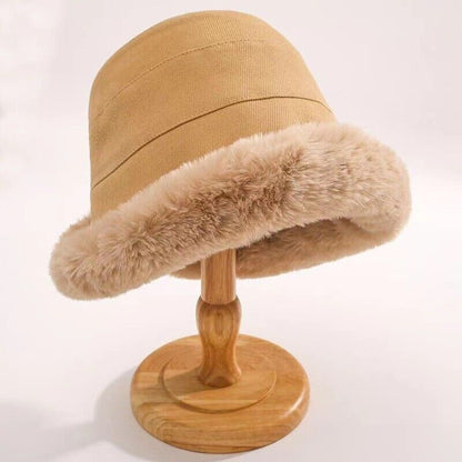 Beige fur brim bucket hat, side view