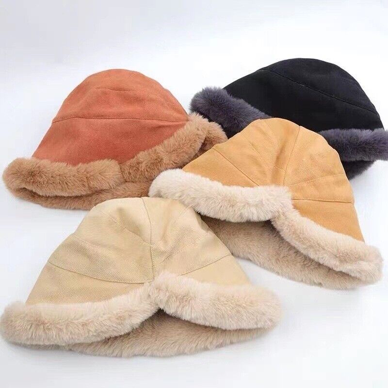 Fur brim bucket hats shown together in several colors