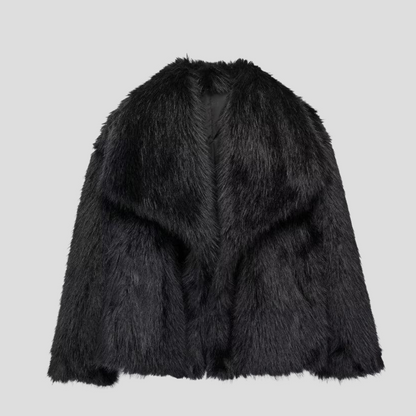 Black faux fur jacket with a wide collar