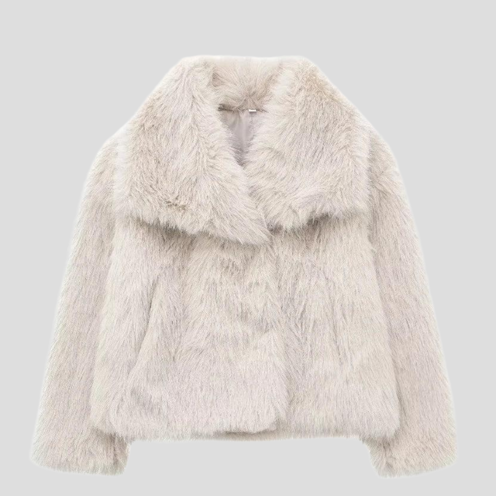 Light beige faux fur jacket with a wide collar