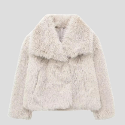 Light beige faux fur jacket with a wide collar