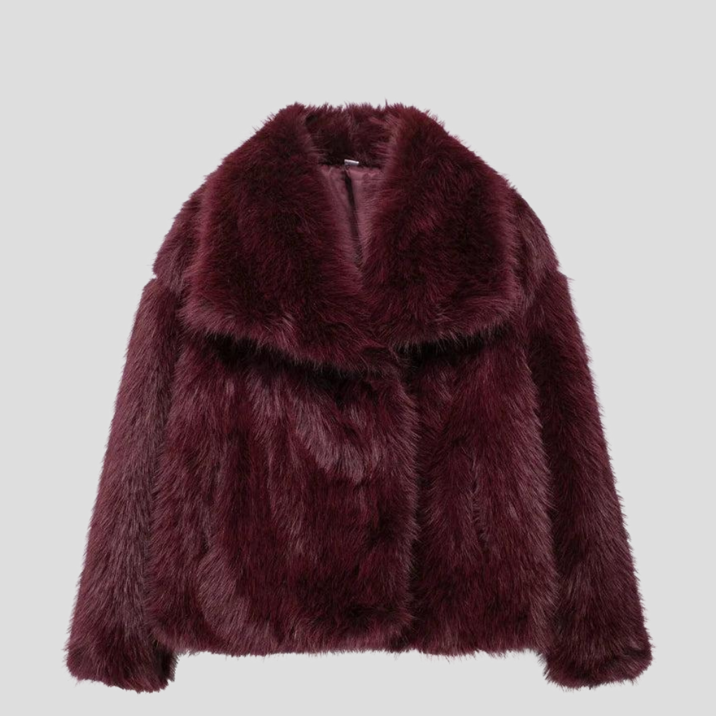 Burgundy faux fur jacket with a wide collar